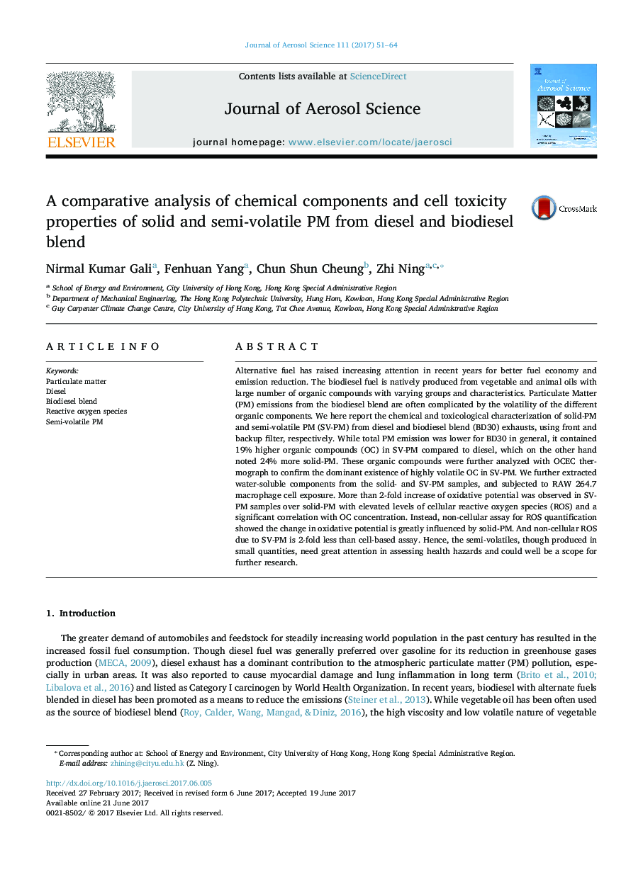 A comparative analysis of chemical components and cell toxicity properties of solid and semi-volatile PM from diesel and biodiesel blend