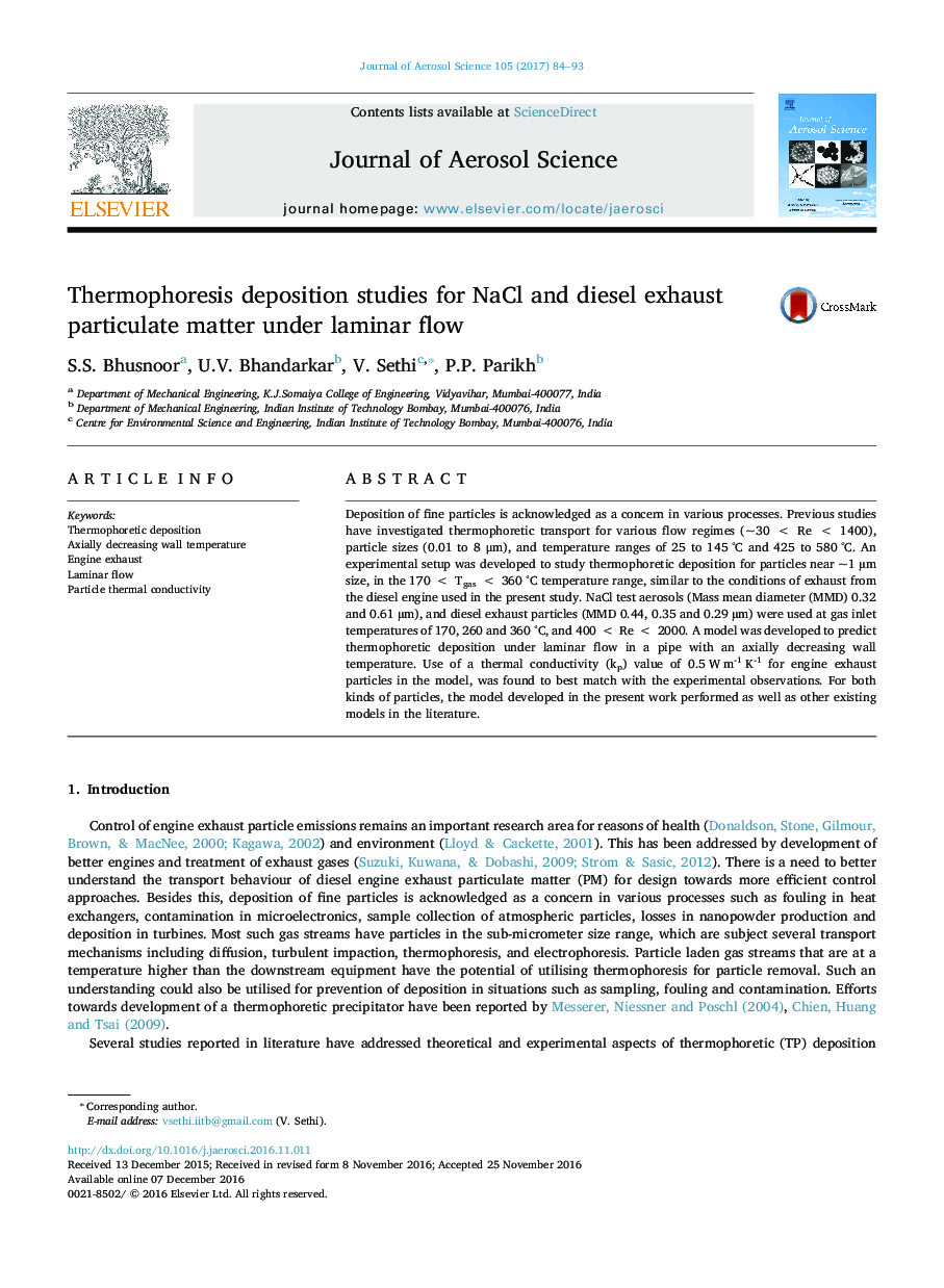 Thermophoresis deposition studies for NaCl and diesel exhaust particulate matter under laminar flow