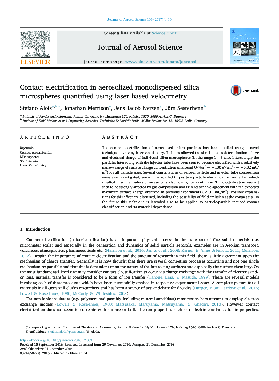 Contact electrification in aerosolized monodispersed silica microspheres quantified using laser based velocimetry