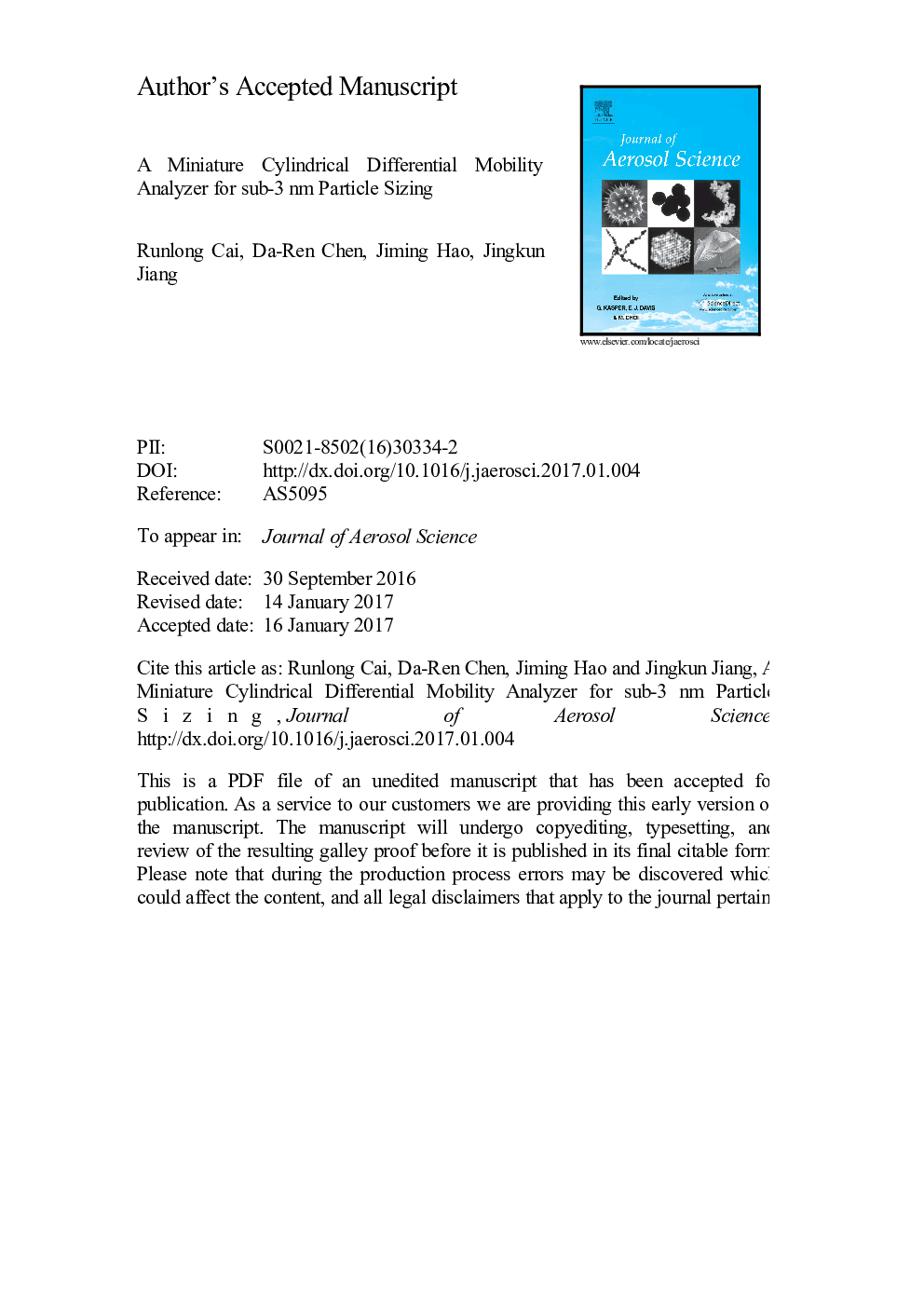 A miniature cylindrical differential mobility analyzer for sub-3 nm particle sizing