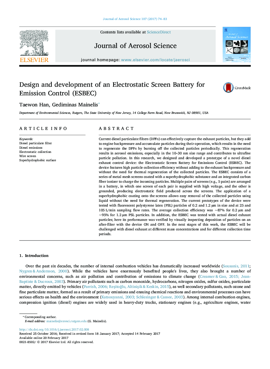 Design and development of an Electrostatic Screen Battery for Emission Control (ESBEC)