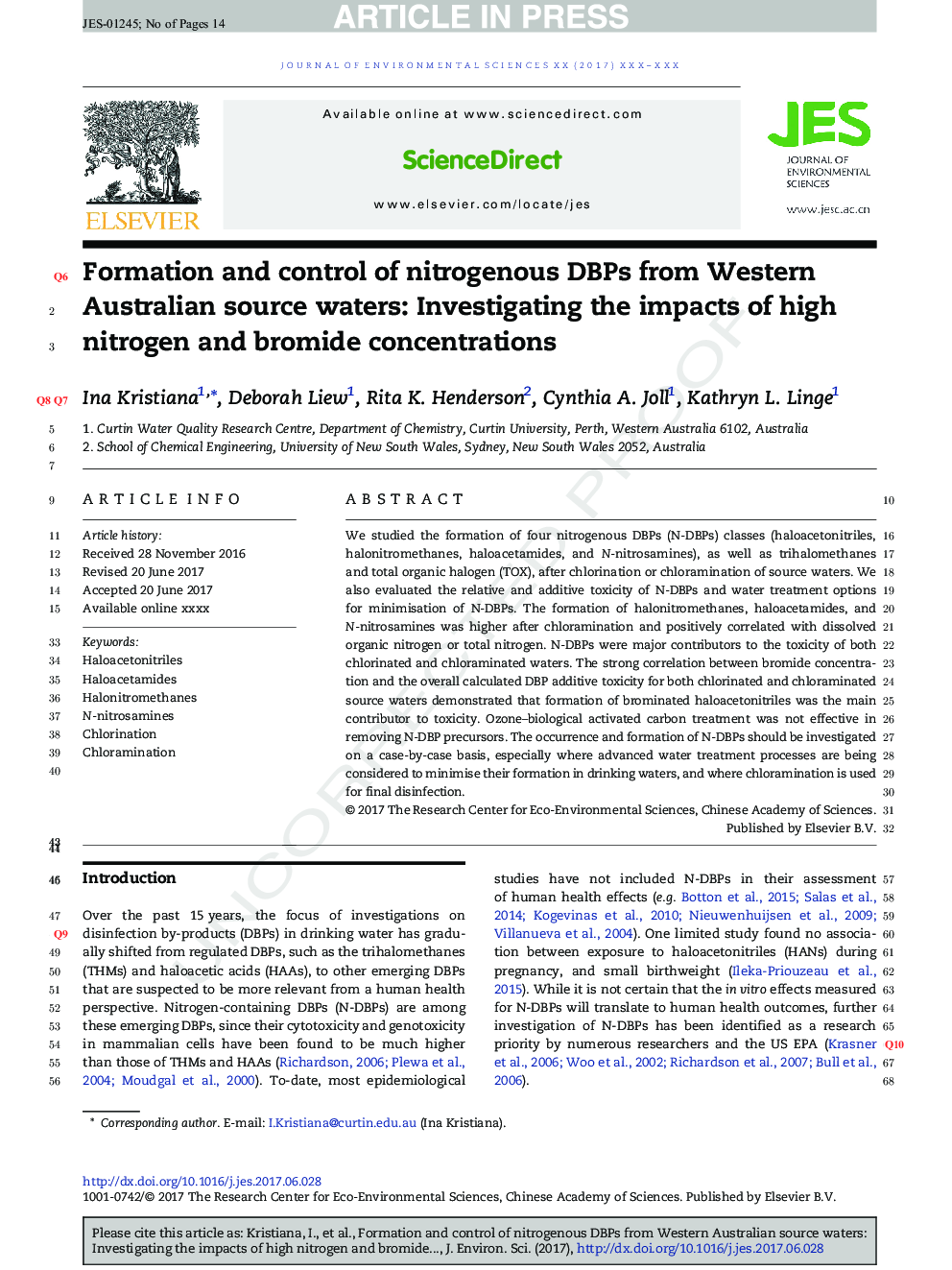 Formation and control of nitrogenous DBPs from Western Australian source waters: Investigating the impacts of high nitrogen and bromide concentrations