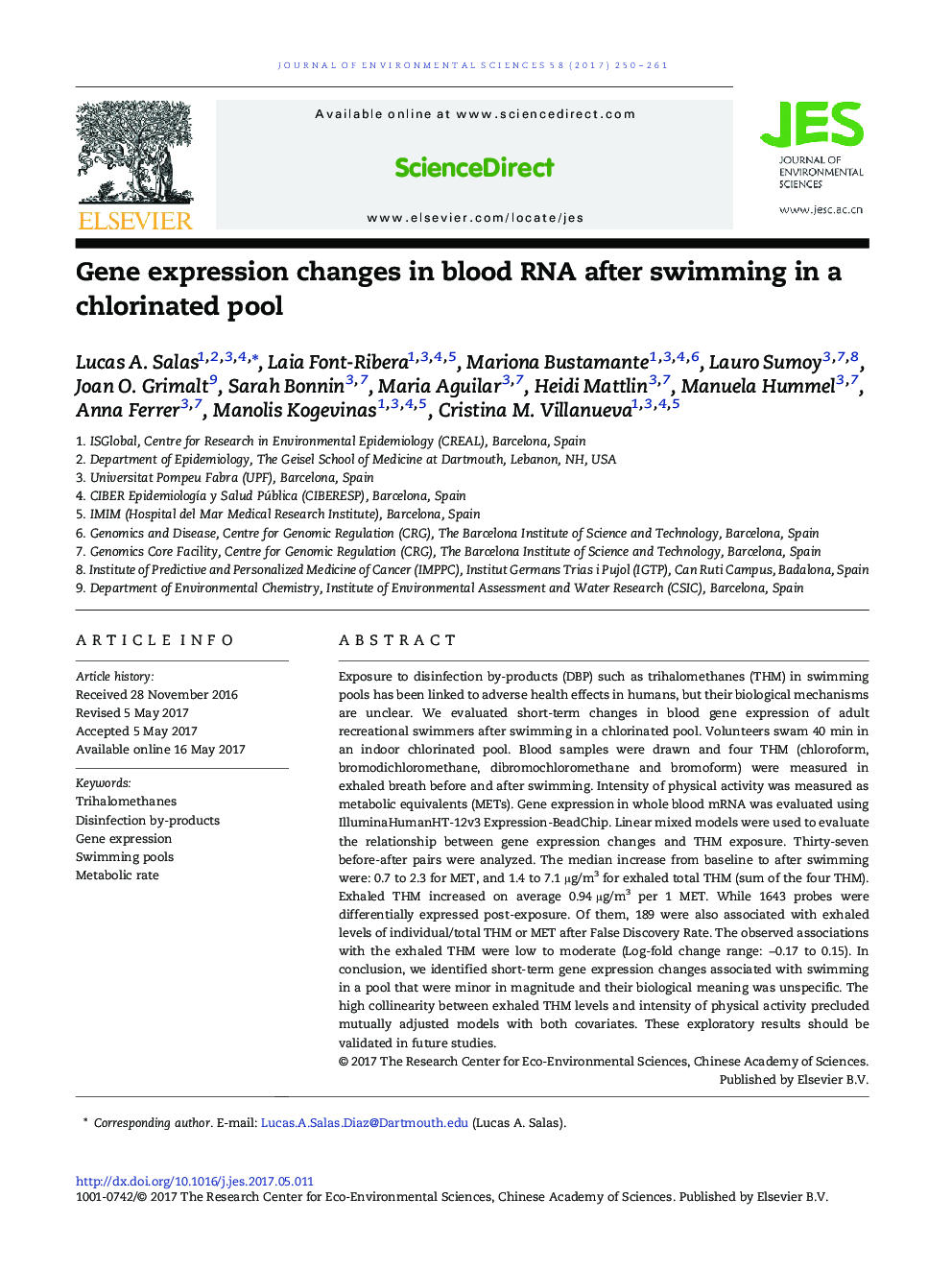 Gene expression changes in blood RNA after swimming in a chlorinated pool