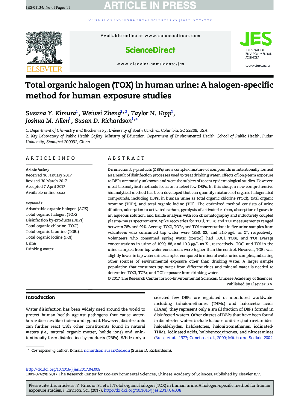 Total organic halogen (TOX) in human urine: A halogen-specific method for human exposure studies