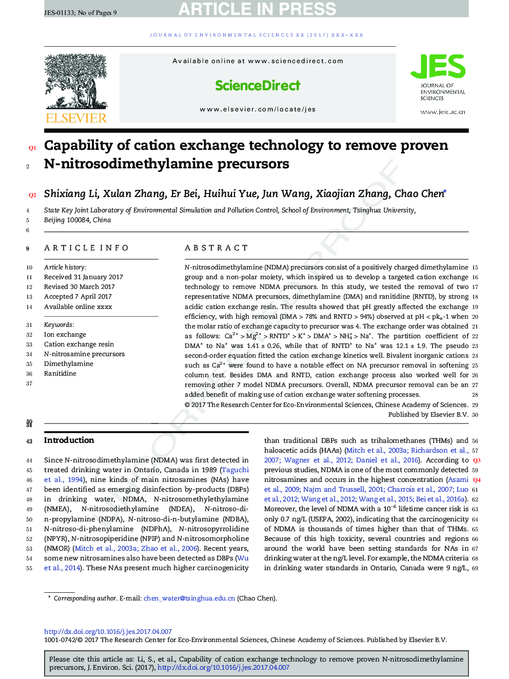 Capability of cation exchange technology to remove proven N-nitrosodimethylamine precursors