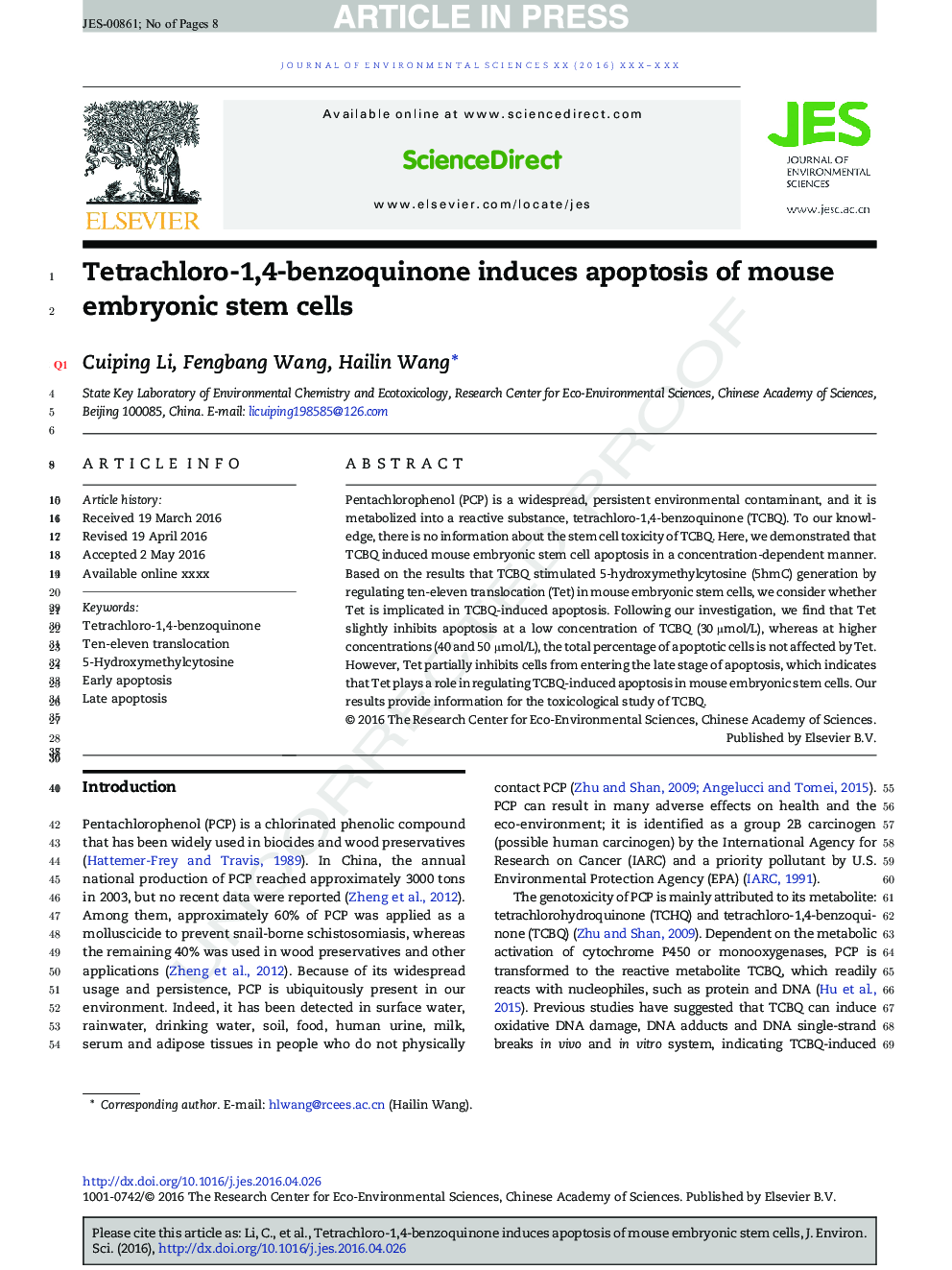 Tetrachloro-1,4-benzoquinone induces apoptosis of mouse embryonic stem cells