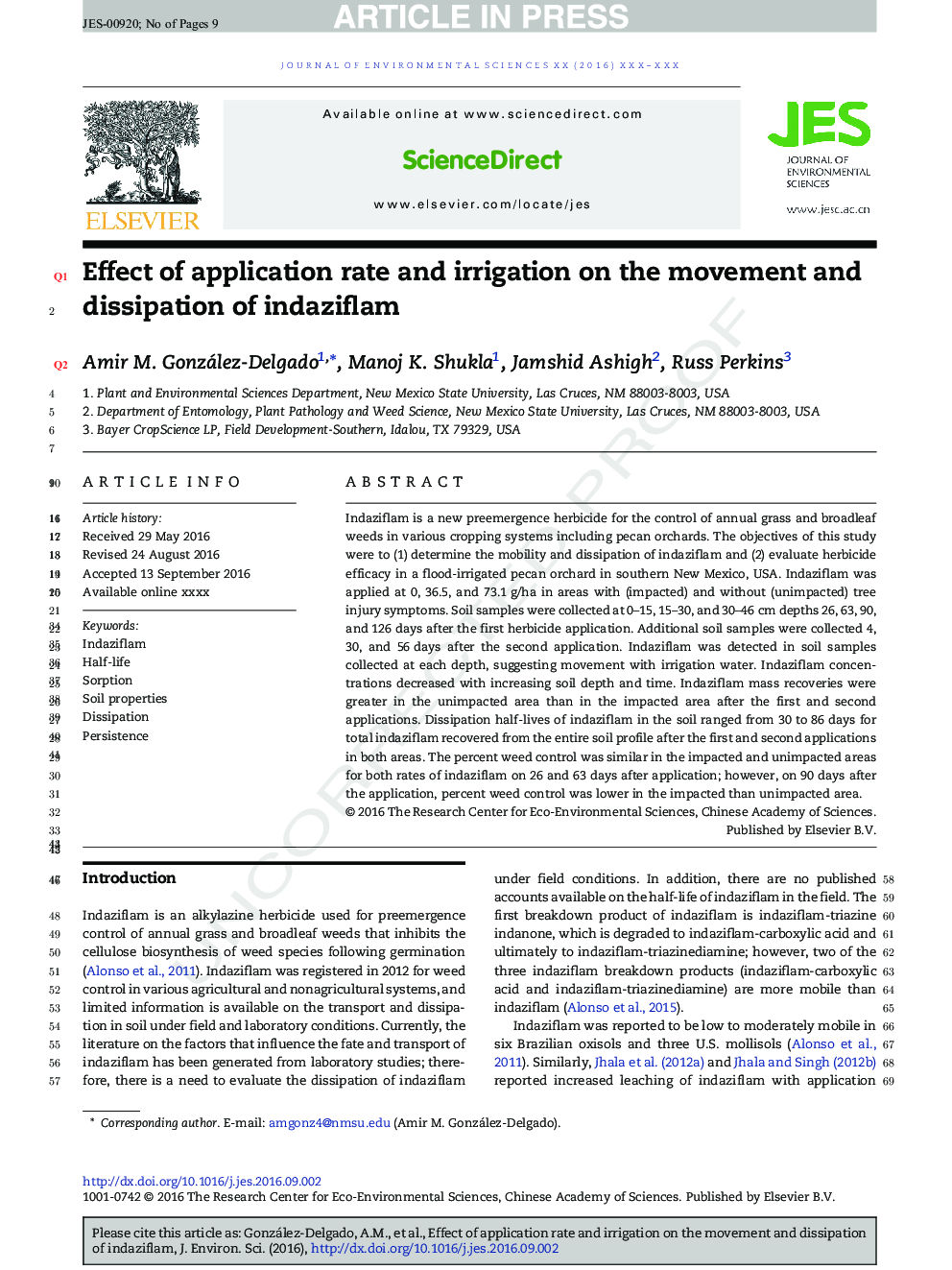Effect of application rate and irrigation on the movement and dissipation of indaziflam