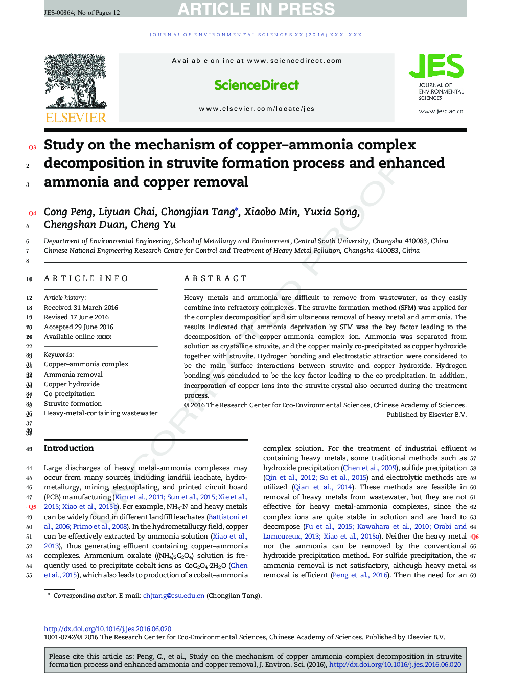 Study on the mechanism of copper-ammonia complex decomposition in struvite formation process and enhanced ammonia and copper removal