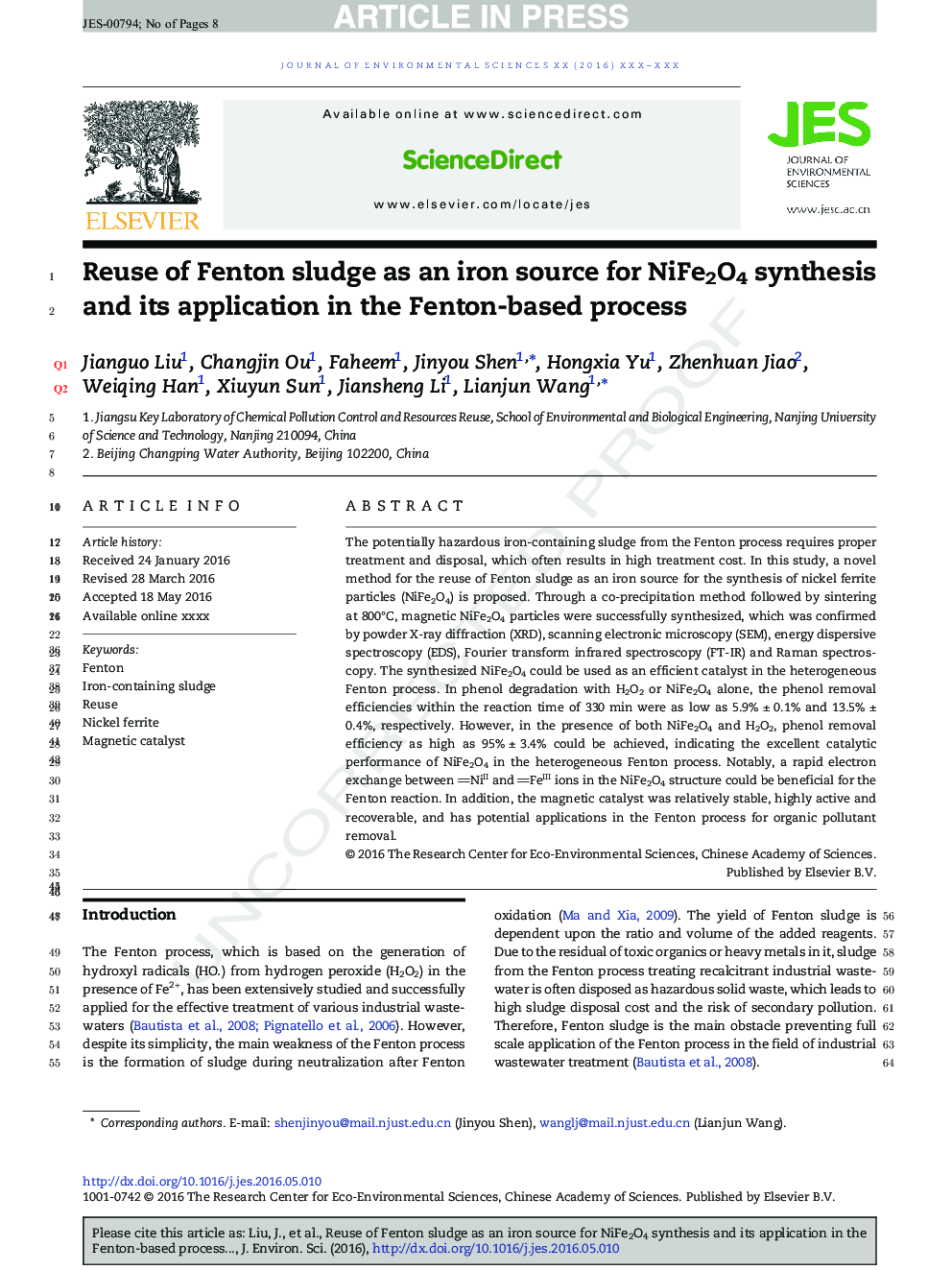 Reuse of Fenton sludge as an iron source for NiFe2O4 synthesis and its application in the Fenton-based process