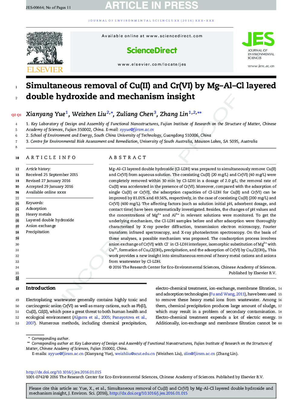 Simultaneous removal of Cu(II) and Cr(VI) by Mg-Al-Cl layered double hydroxide and mechanism insight