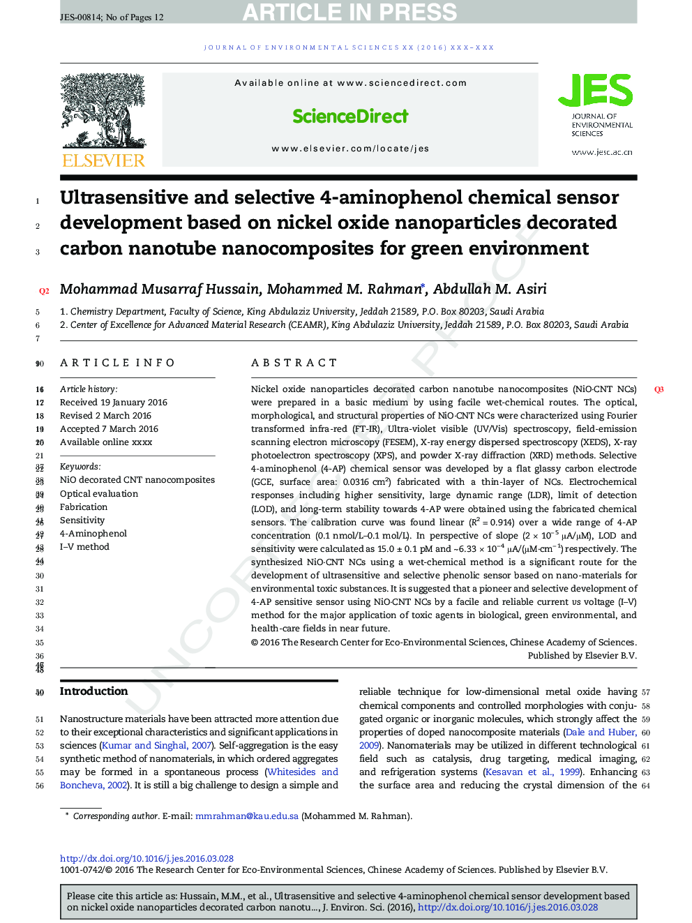 سنسور شیمیایی حساسیت و انتخابی 4-آمینوفنول بر اساس نانوذرات اکسید نیکل نانو کامپوزیتی نانولوله کربنی تزئینی برای محیط سبز 