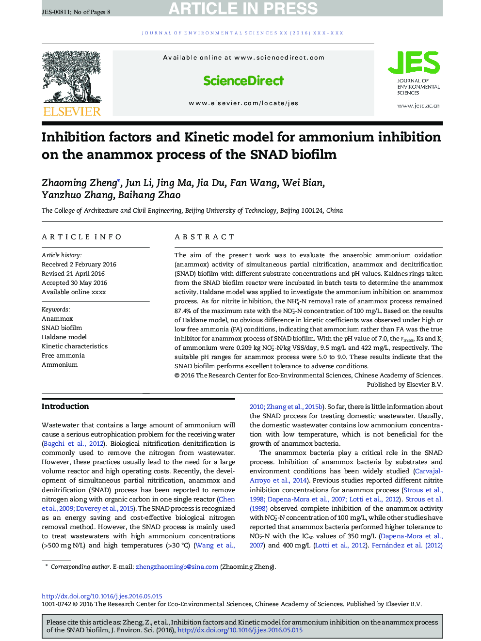 Inhibition factors and Kinetic model for ammonium inhibition on the anammox process of the SNAD biofilm