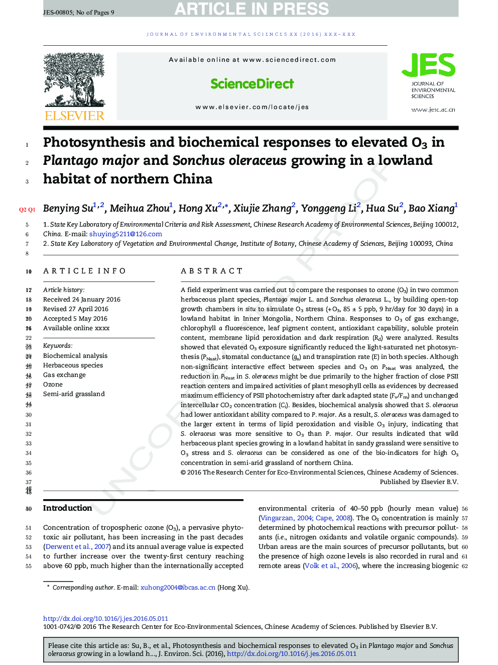 Photosynthesis and biochemical responses to elevated O3 in Plantago major and Sonchus oleraceus growing in a lowland habitat of northern China