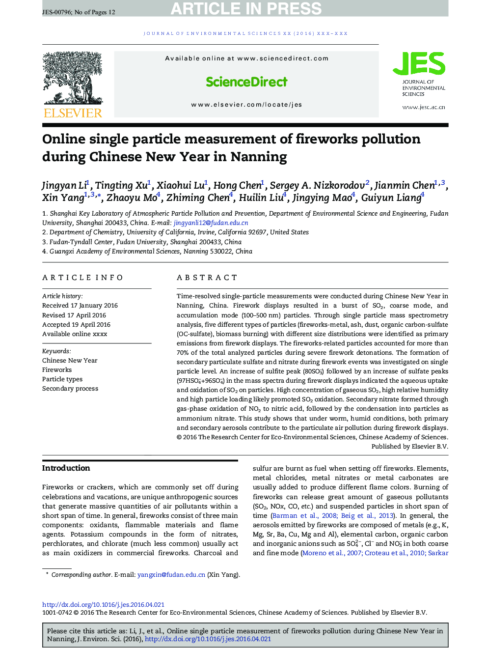 Online single particle measurement of fireworks pollution during Chinese New Year in Nanning