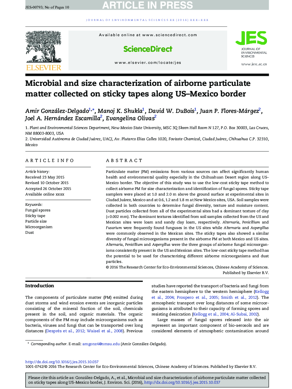 Microbial and size characterization of airborne particulate matter collected on sticky tapes along US-Mexico border