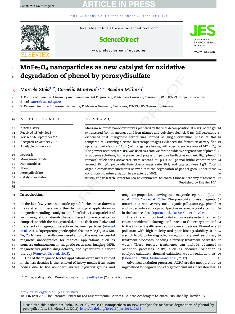 MnFe2O4 nanoparticles as new catalyst for oxidative degradation of phenol by peroxydisulfate