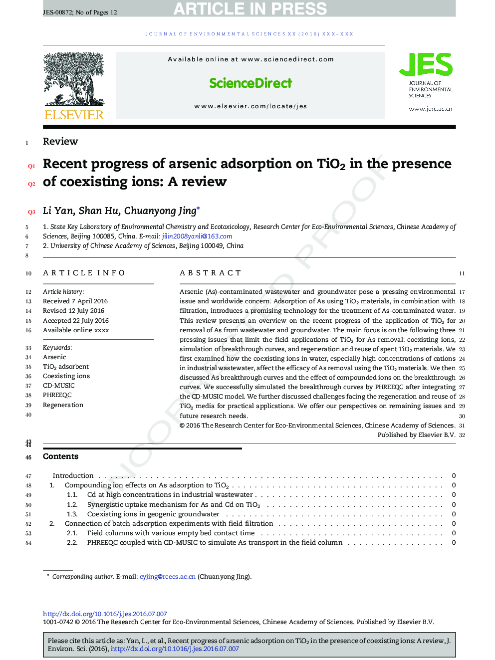 Recent progress of arsenic adsorption on TiO2 in the presence of coexisting ions: A review