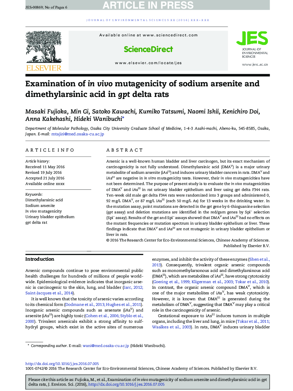 Examination of in vivo mutagenicity of sodium arsenite and dimethylarsinic acid in gpt delta rats