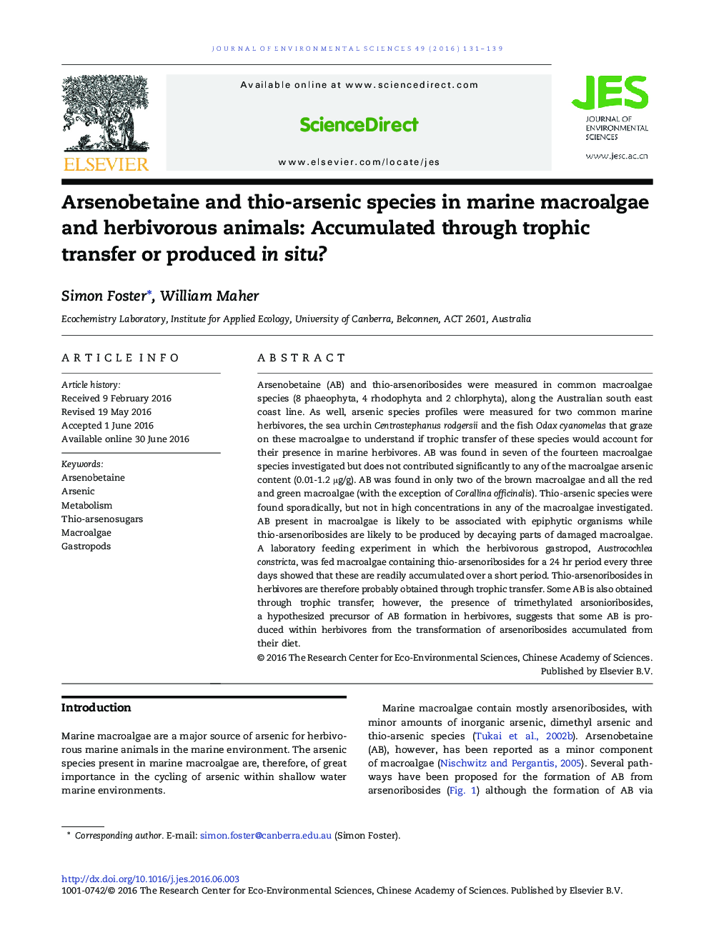 Arsenobetaine and thio-arsenic species in marine macroalgae and herbivorous animals: Accumulated through trophic transfer or produced in situ?