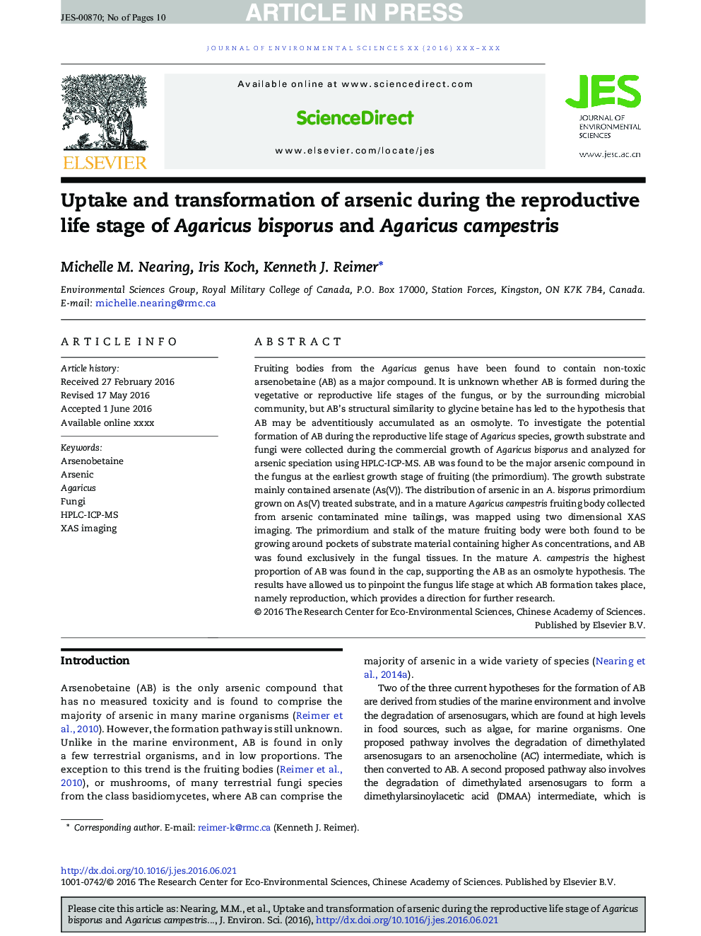 Uptake and transformation of arsenic during the reproductive life stage of Agaricus bisporus and Agaricus campestris