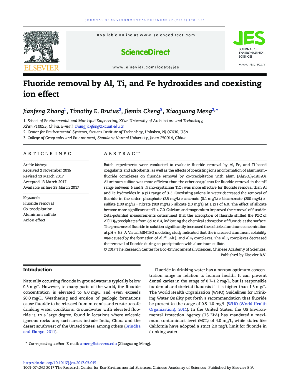 Fluoride removal by Al, Ti, and Fe hydroxides and coexisting ion effect