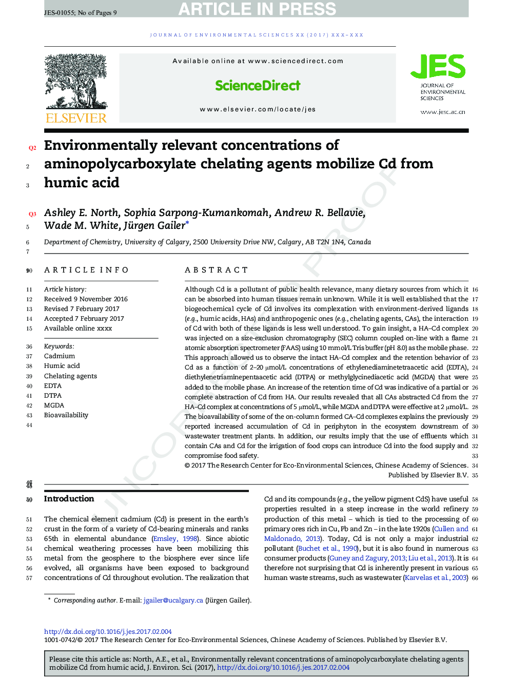 Environmentally relevant concentrations of aminopolycarboxylate chelating agents mobilize Cd from humic acid