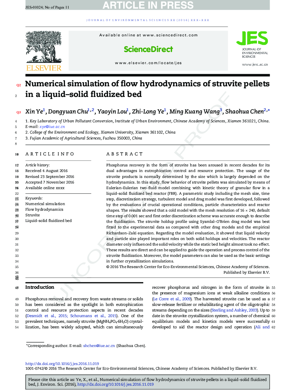 Numerical simulation of flow hydrodynamics of struvite pellets in a liquid-solid fluidized bed