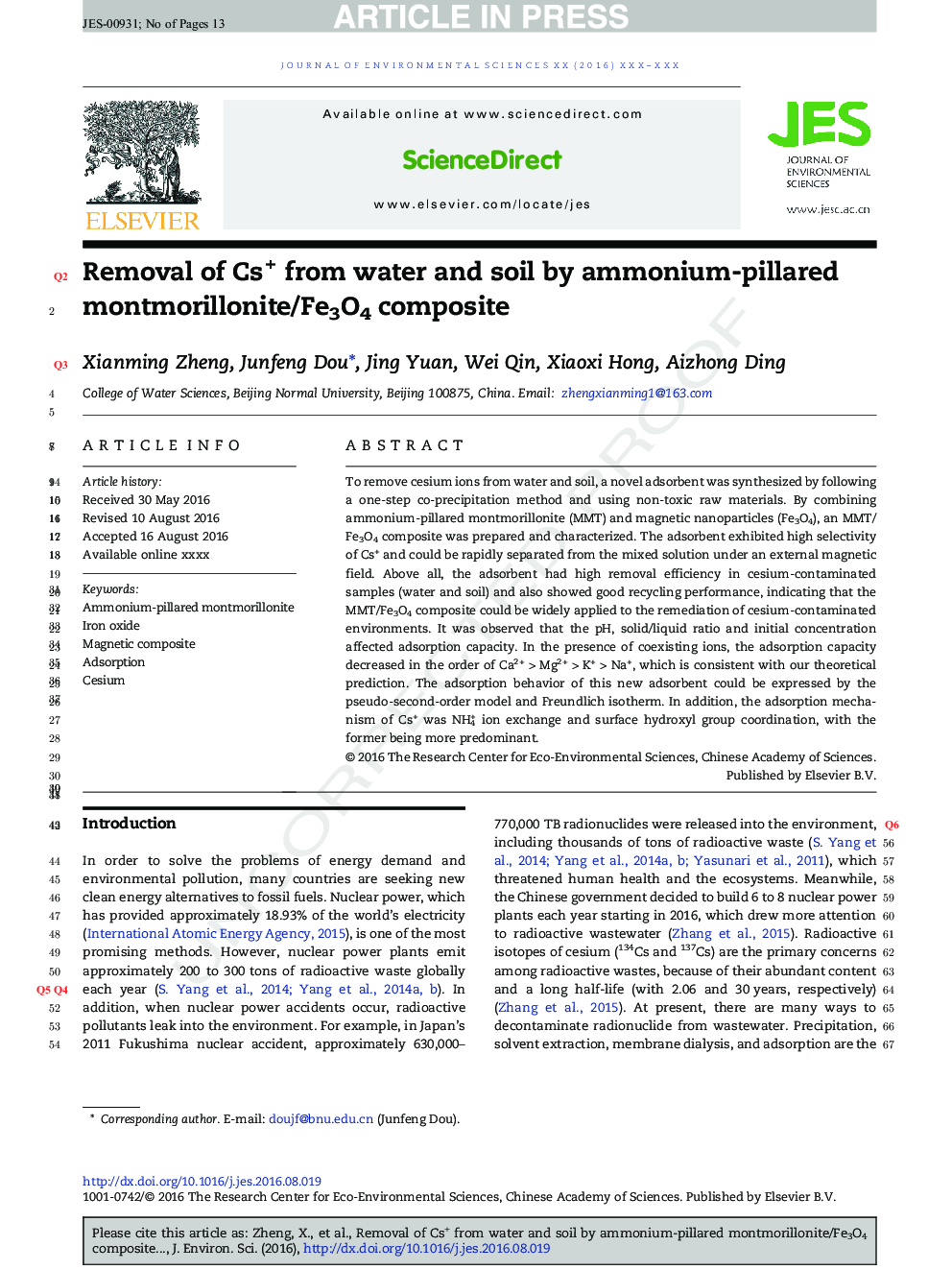 Removal of Cs+ from water and soil by ammonium-pillared montmorillonite/Fe3O4 composite