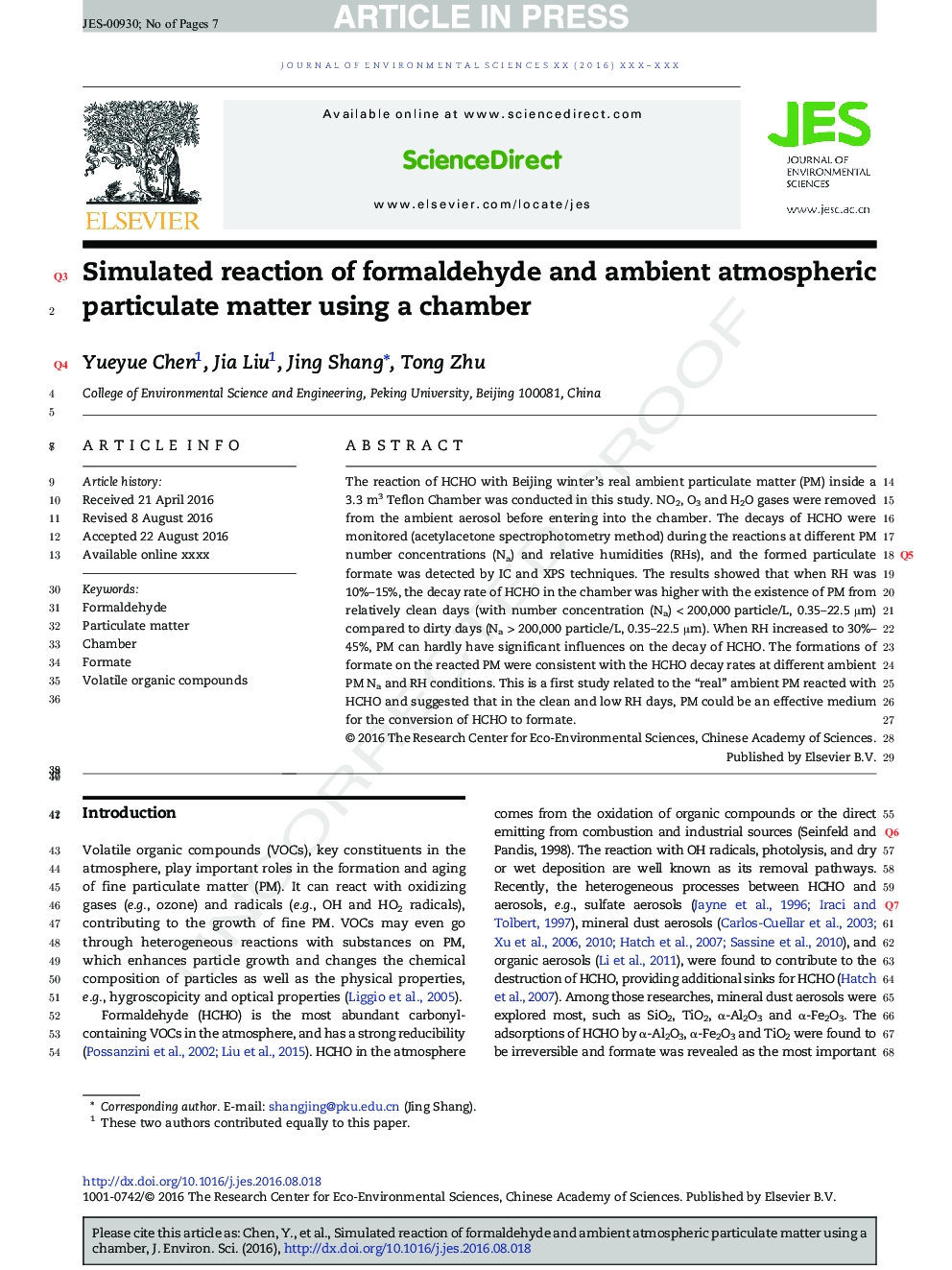 Simulated reaction of formaldehyde and ambient atmospheric particulate matter using a chamber