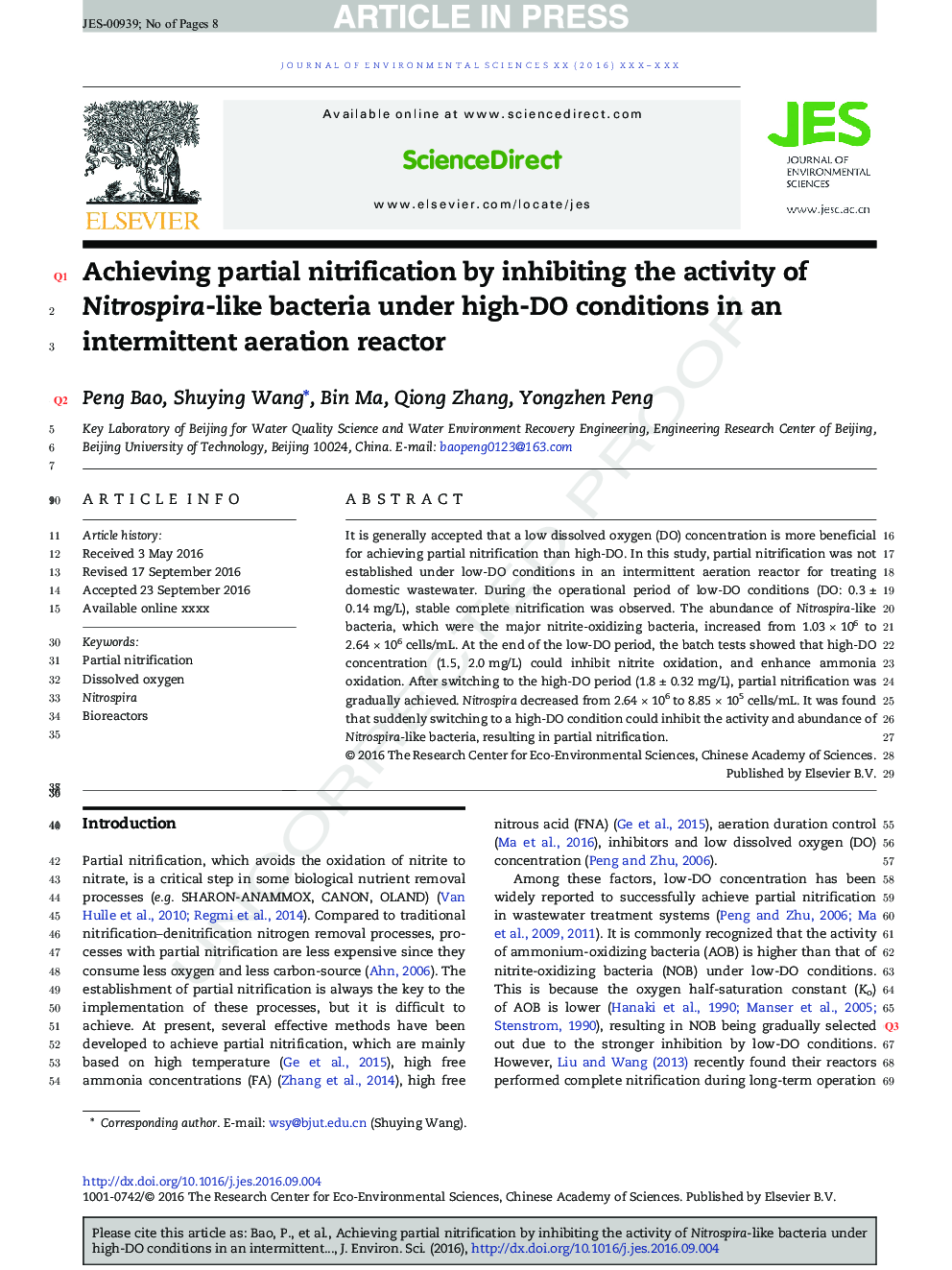 Achieving partial nitrification by inhibiting the activity of Nitrospira-like bacteria under high-DO conditions in an intermittent aeration reactor