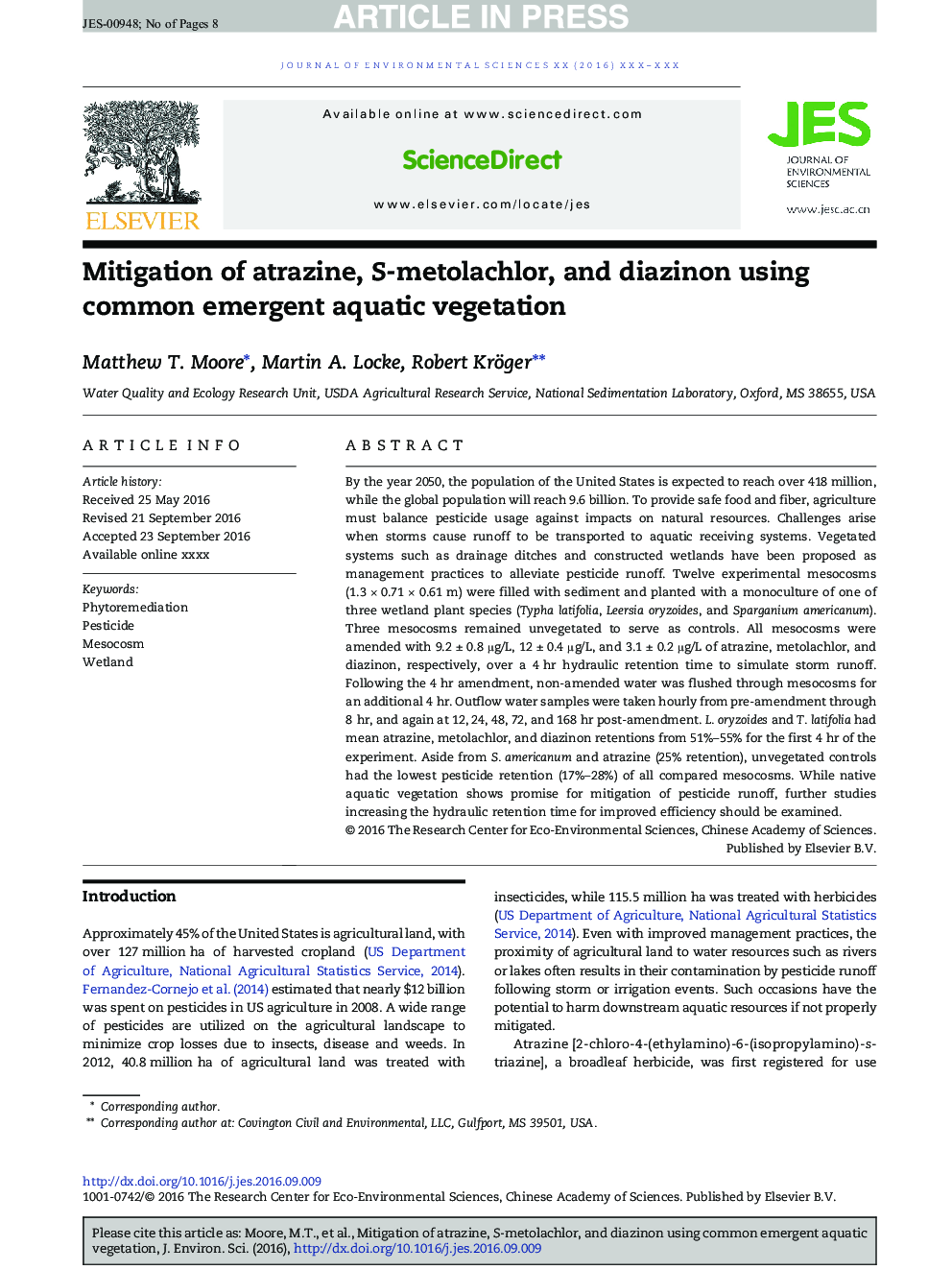 Mitigation of atrazine, S-metolachlor, and diazinon using common emergent aquatic vegetation