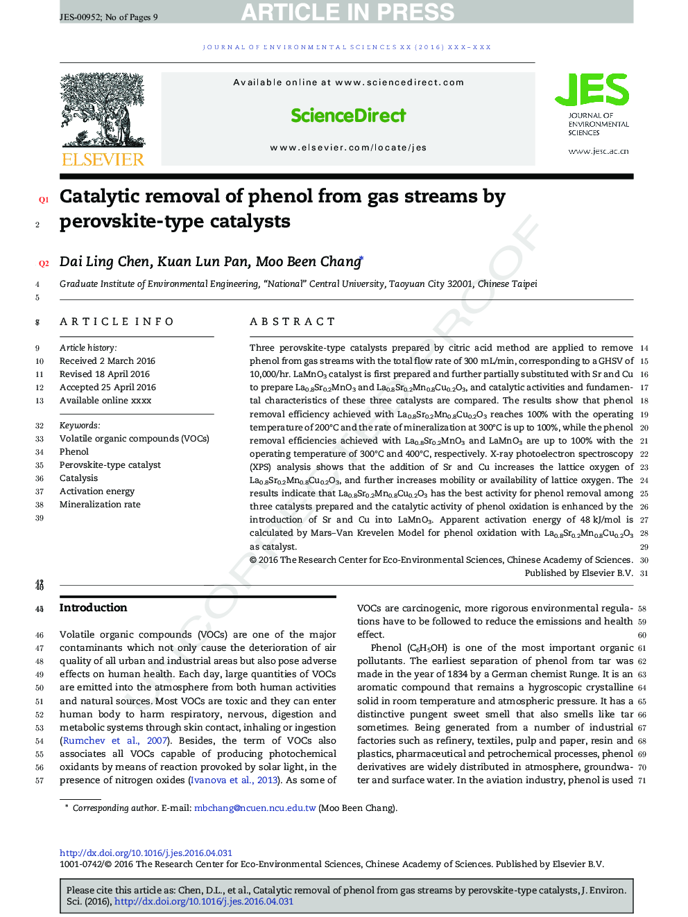 Catalytic removal of phenol from gas streams by perovskite-type catalysts