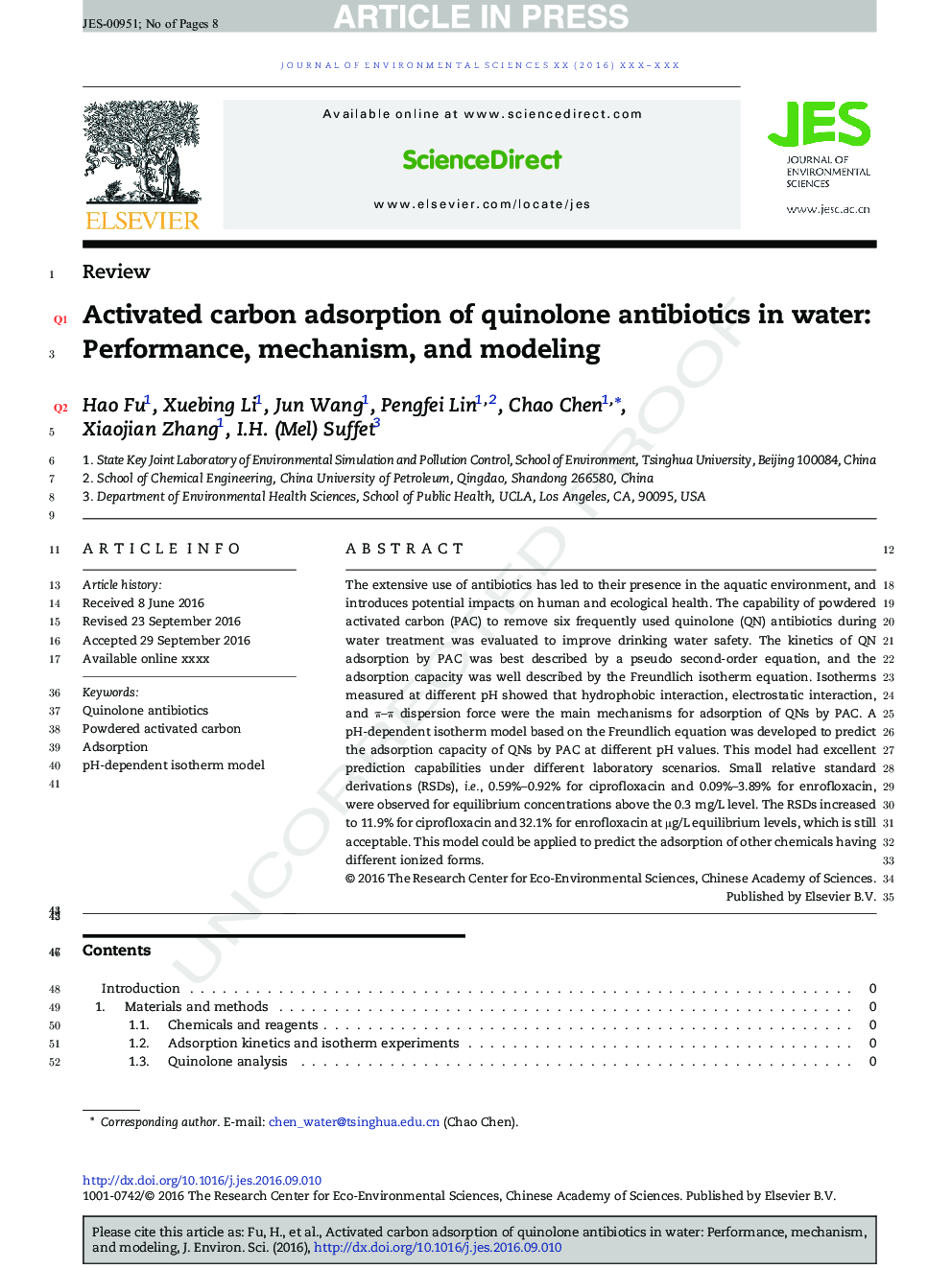 Activated carbon adsorption of quinolone antibiotics in water: Performance, mechanism, and modeling