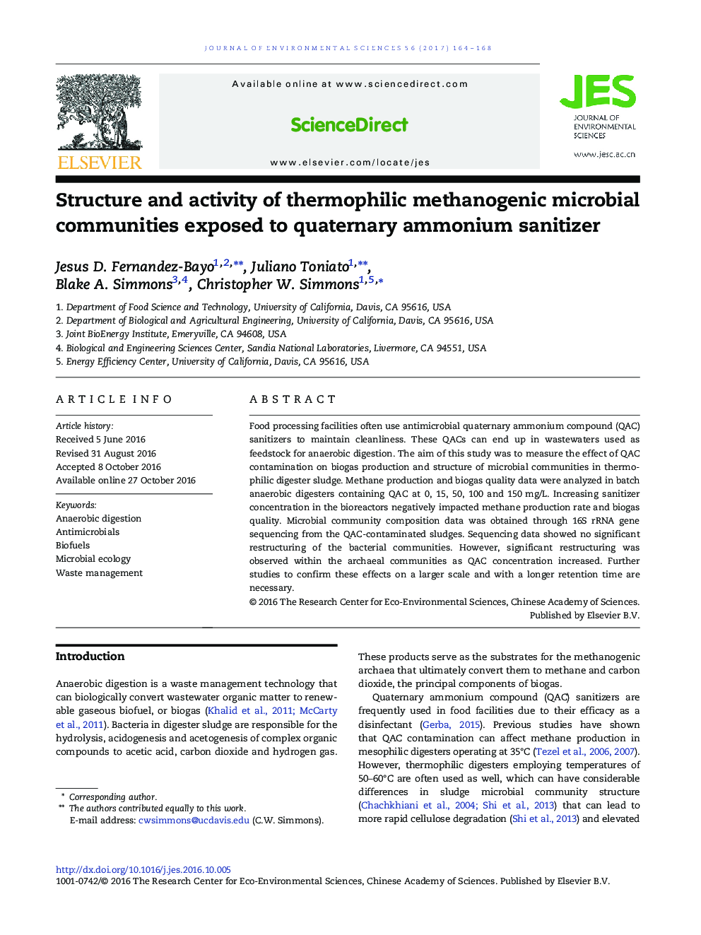 Structure and activity of thermophilic methanogenic microbial communities exposed to quaternary ammonium sanitizer