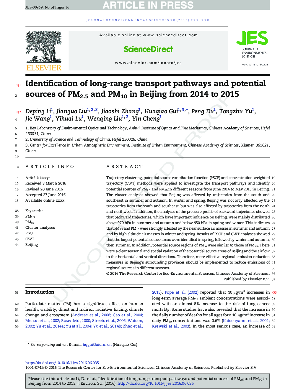 Identification of long-range transport pathways and potential sources of PM2.5 and PM10 in Beijing from 2014 to 2015