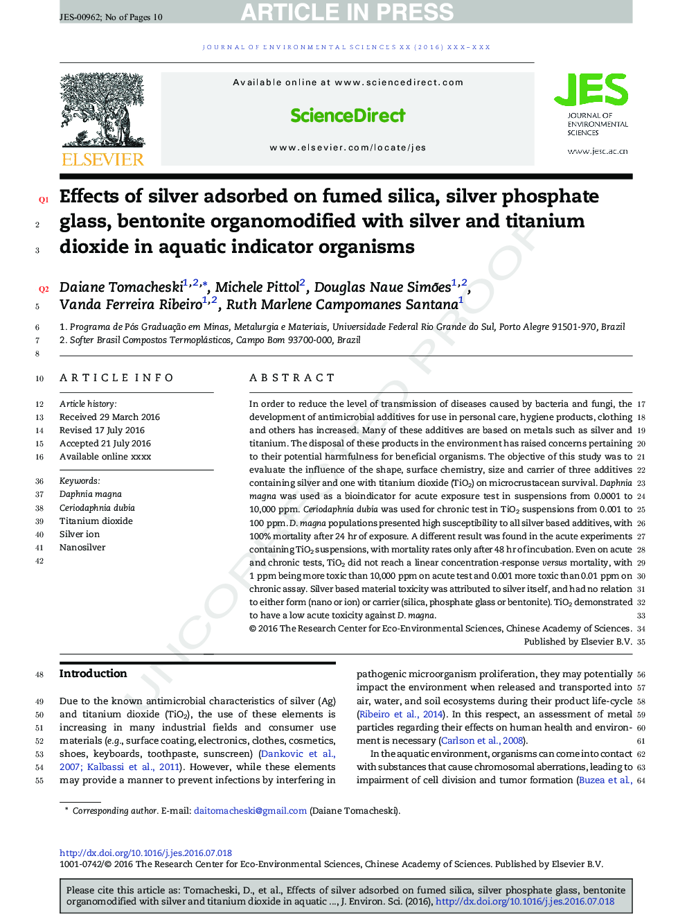 Effects of silver adsorbed on fumed silica, silver phosphate glass, bentonite organomodified with silver and titanium dioxide in aquatic indicator organisms