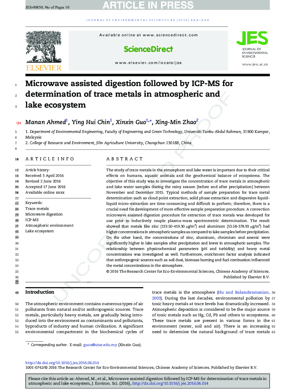 Microwave assisted digestion followed by ICP-MS for determination of trace metals in atmospheric and lake ecosystem