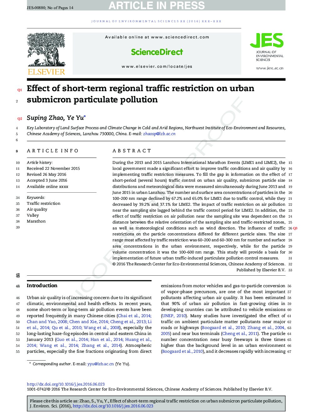 Effect of short-term regional traffic restriction on urban submicron particulate pollution