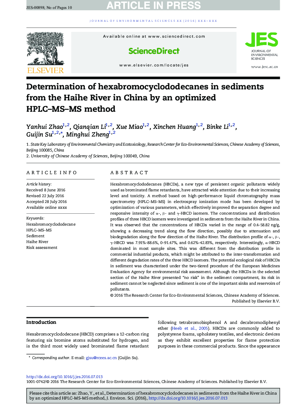 Determination of hexabromocyclododecanes in sediments from the Haihe River in China by an optimized HPLC-MS-MS method