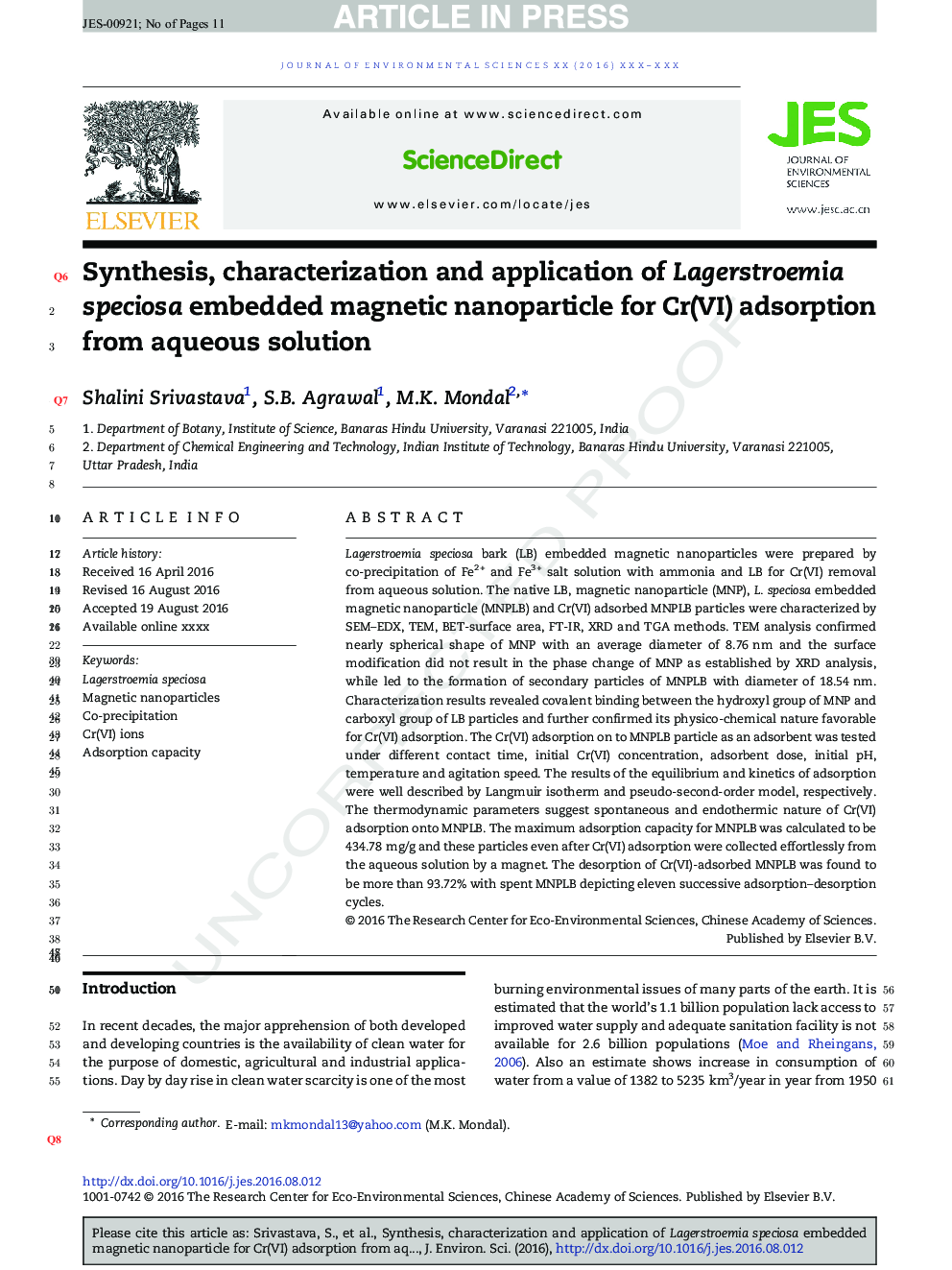 Synthesis, characterization and application of Lagerstroemia speciosa embedded magnetic nanoparticle for Cr(VI) adsorption from aqueous solution