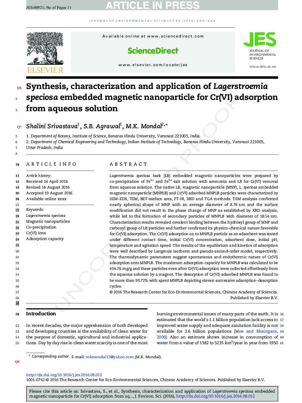 عکس صفحه اول مقاله: Synthesis, characterization and application of Lagerstroemia speciosa embedded magnetic nanoparticle for Cr(VI) adsorption from aqueous solution Synthesis, characterization and application of Lagerstroemia speciosa embedded magnetic nanoparticle for Cr(VI) adsorption from aqueous solution