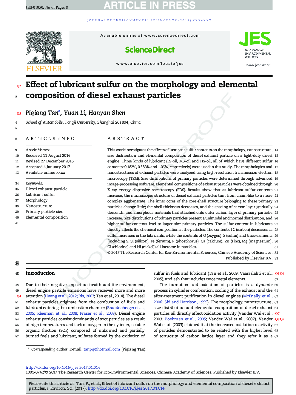 Effect of lubricant sulfur on the morphology and elemental composition of diesel exhaust particles