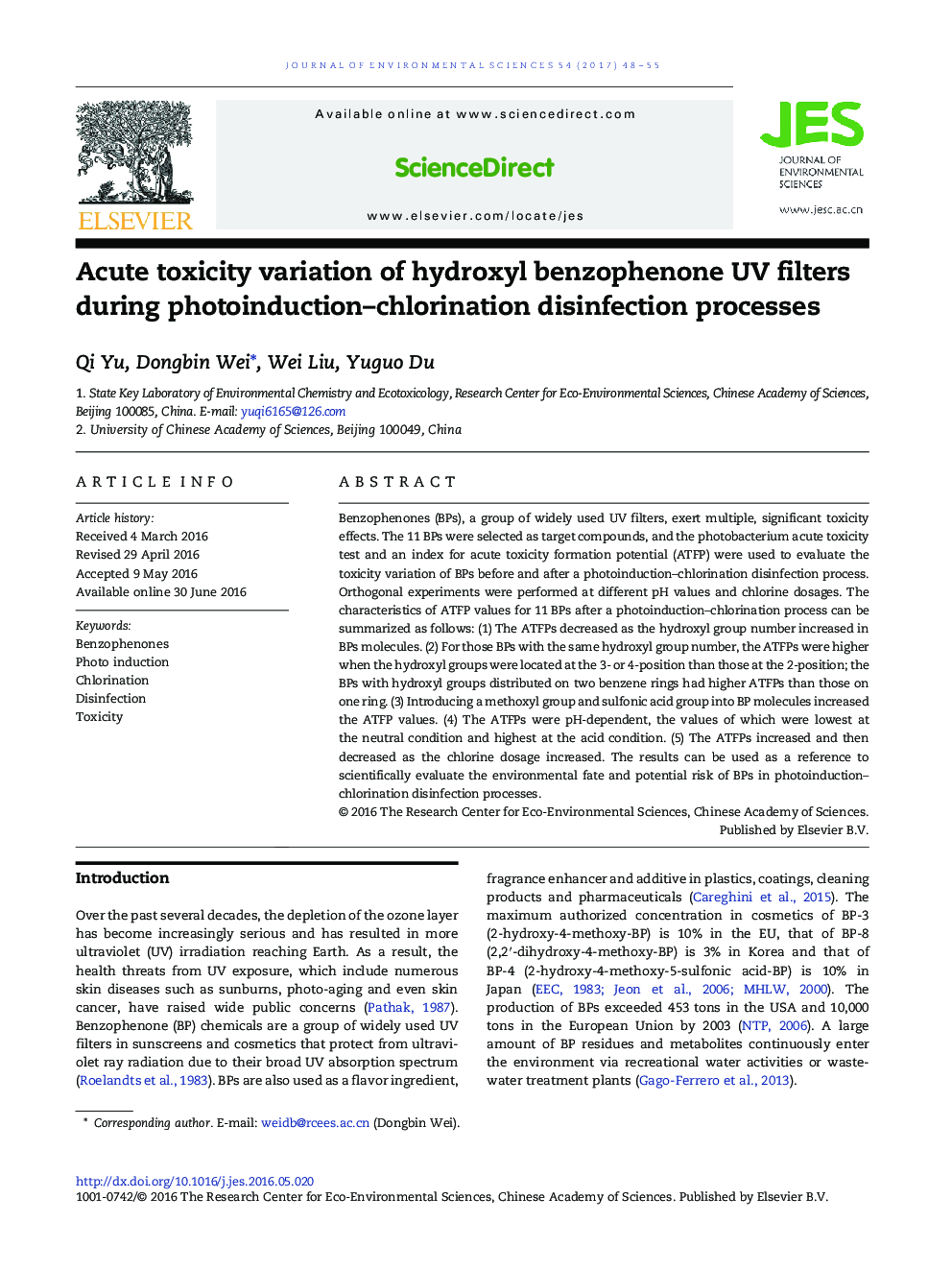 Acute toxicity variation of hydroxyl benzophenone UV filters during photoinduction-chlorination disinfection processes