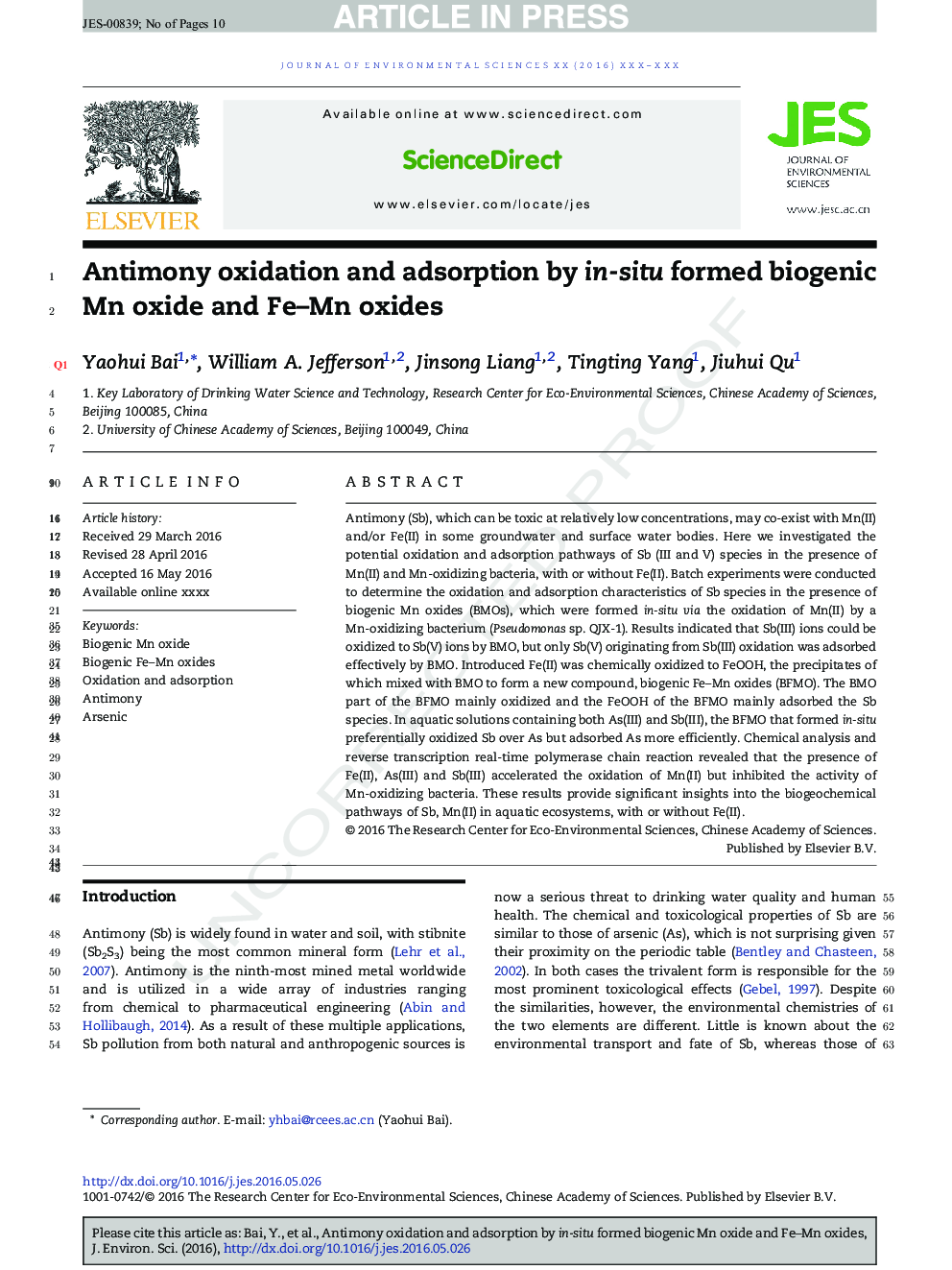 Antimony oxidation and adsorption by in-situ formed biogenic Mn oxide and Fe-Mn oxides