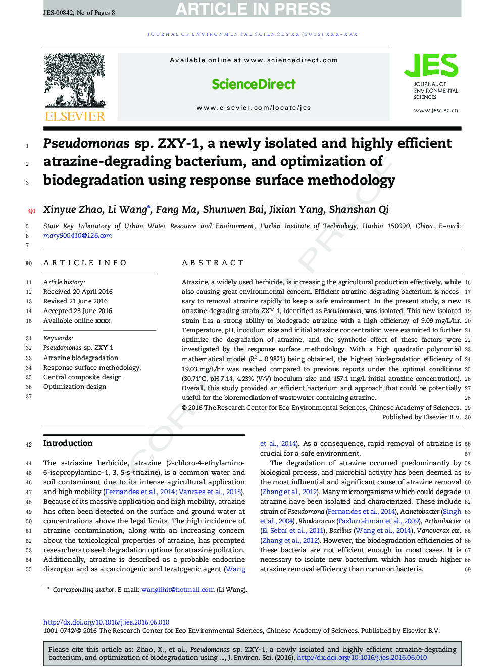 Pseudomonas sp. ZXY-1, a newly isolated and highly efficient atrazine-degrading bacterium, and optimization of biodegradation using response surface methodology