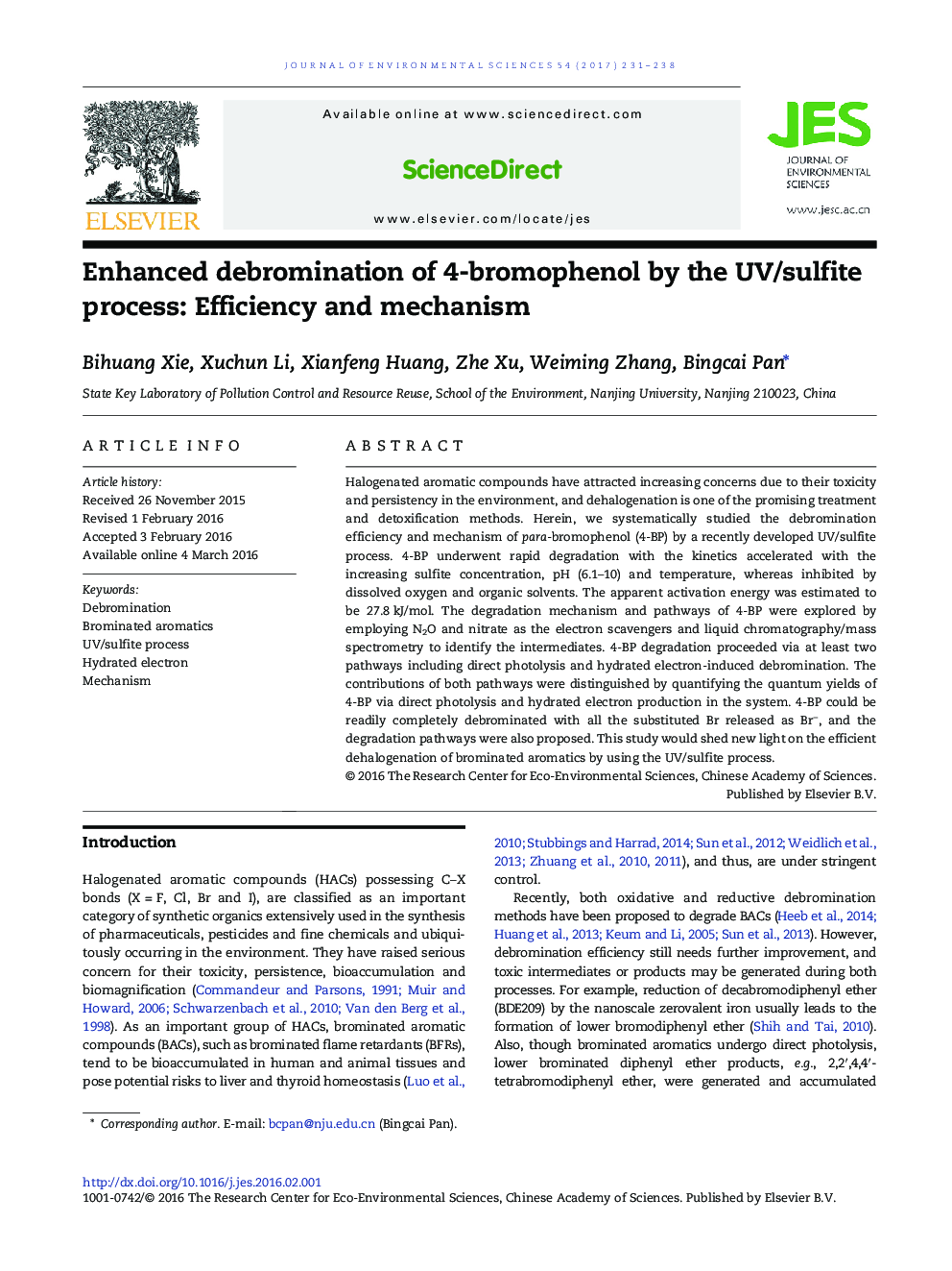 Enhanced debromination of 4-bromophenol by the UV/sulfite process: Efficiency and mechanism