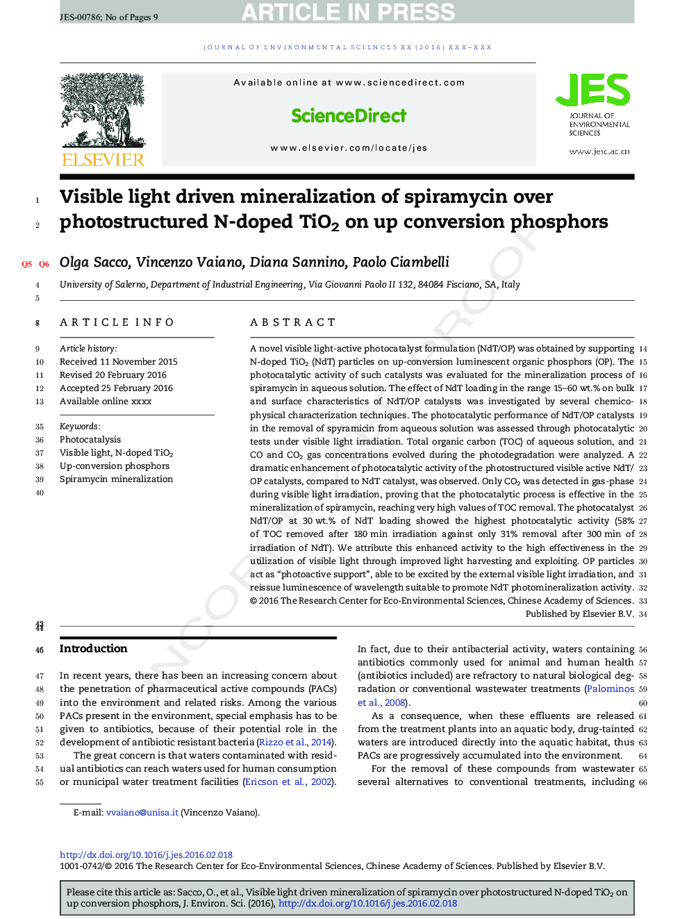 Visible light driven mineralization of spiramycin over photostructured N-doped TiO2 on up conversion phosphors