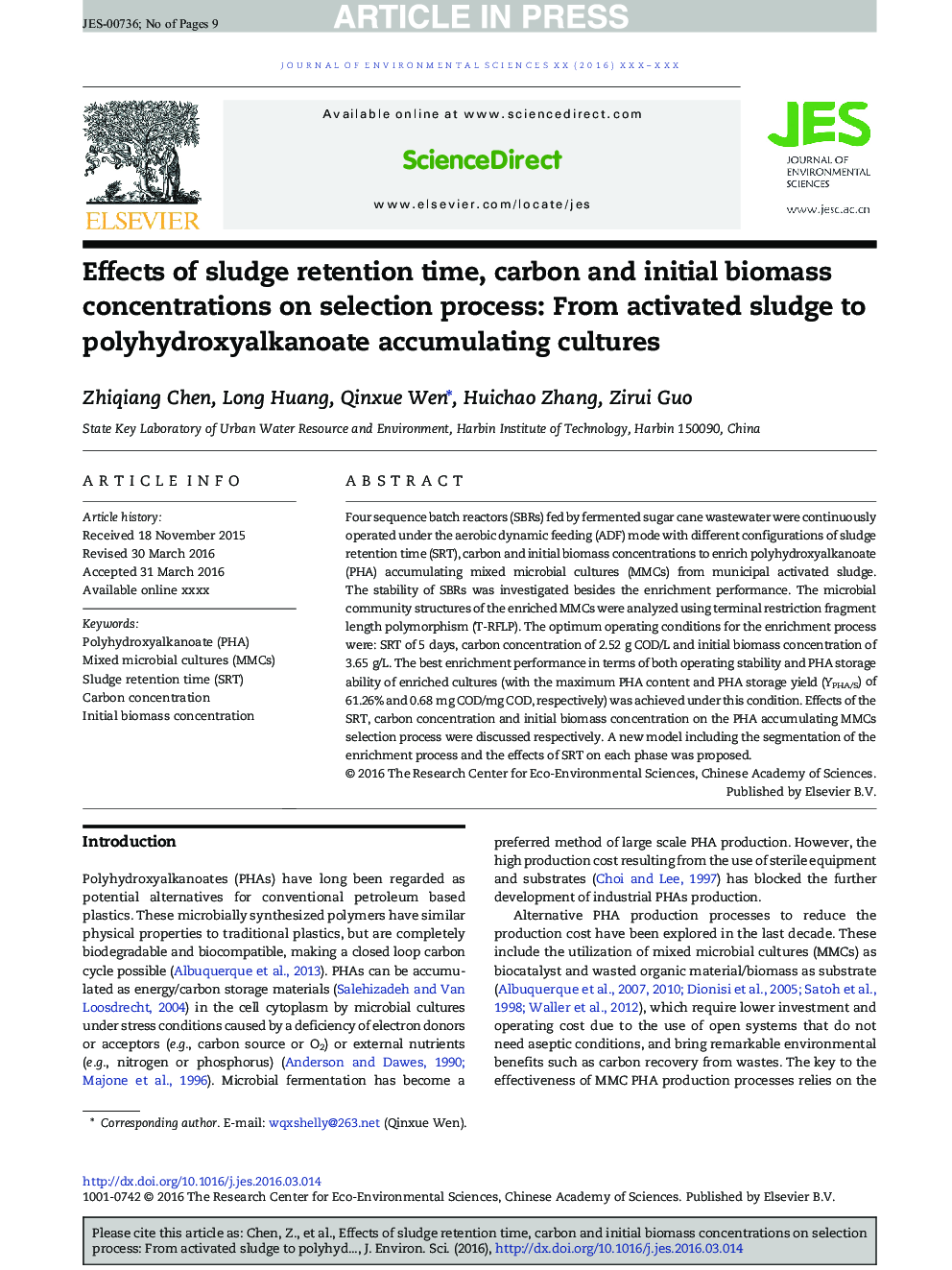 Effects of sludge retention time, carbon and initial biomass concentrations on selection process: From activated sludge to polyhydroxyalkanoate accumulating cultures