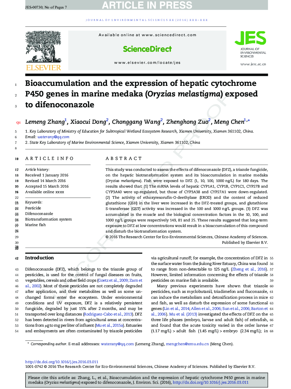Bioaccumulation and the expression of hepatic cytochrome P450 genes in marine medaka (Oryzias melastigma) exposed to difenoconazole