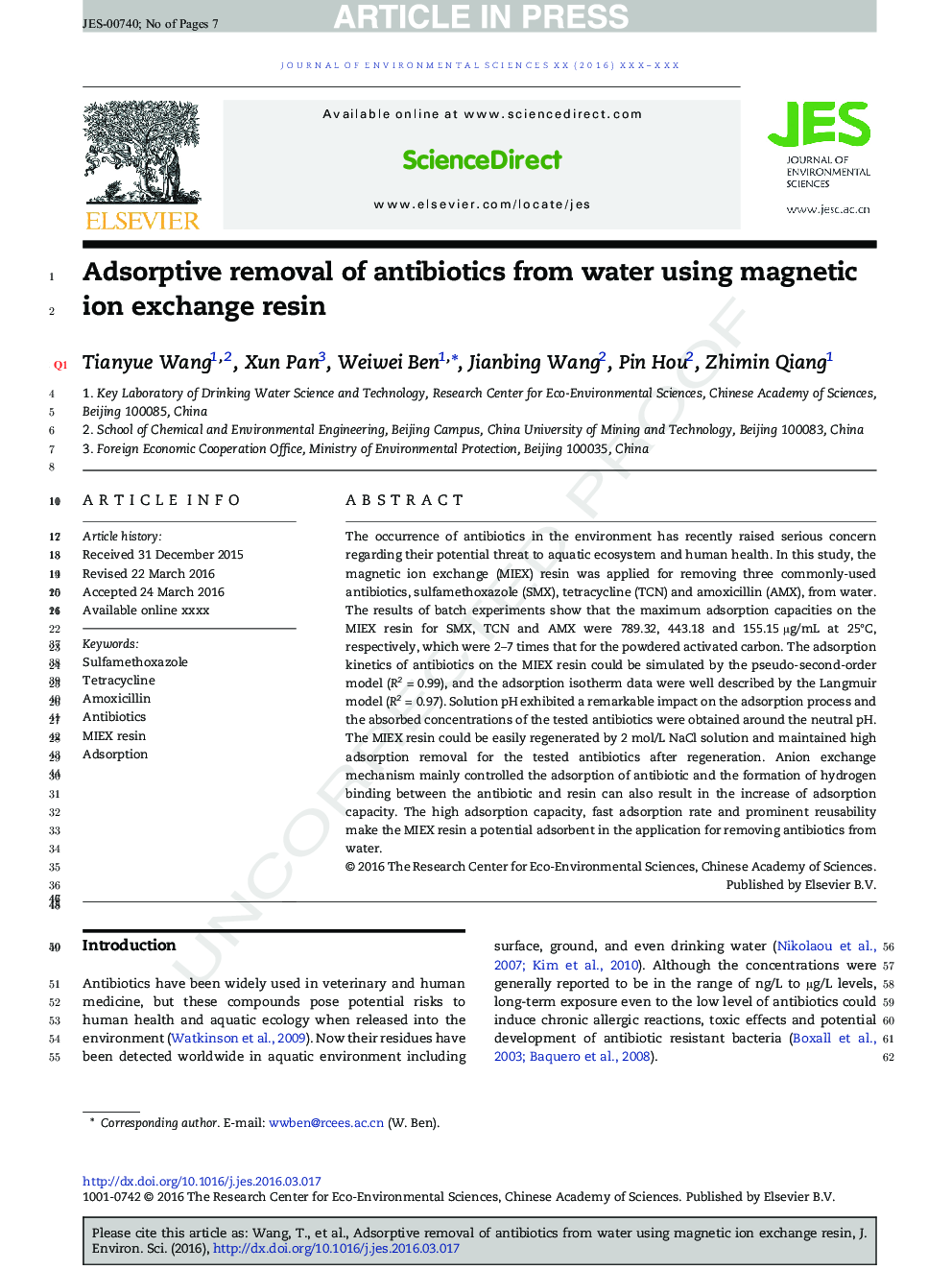 Adsorptive removal of antibiotics from water using magnetic ion exchange resin